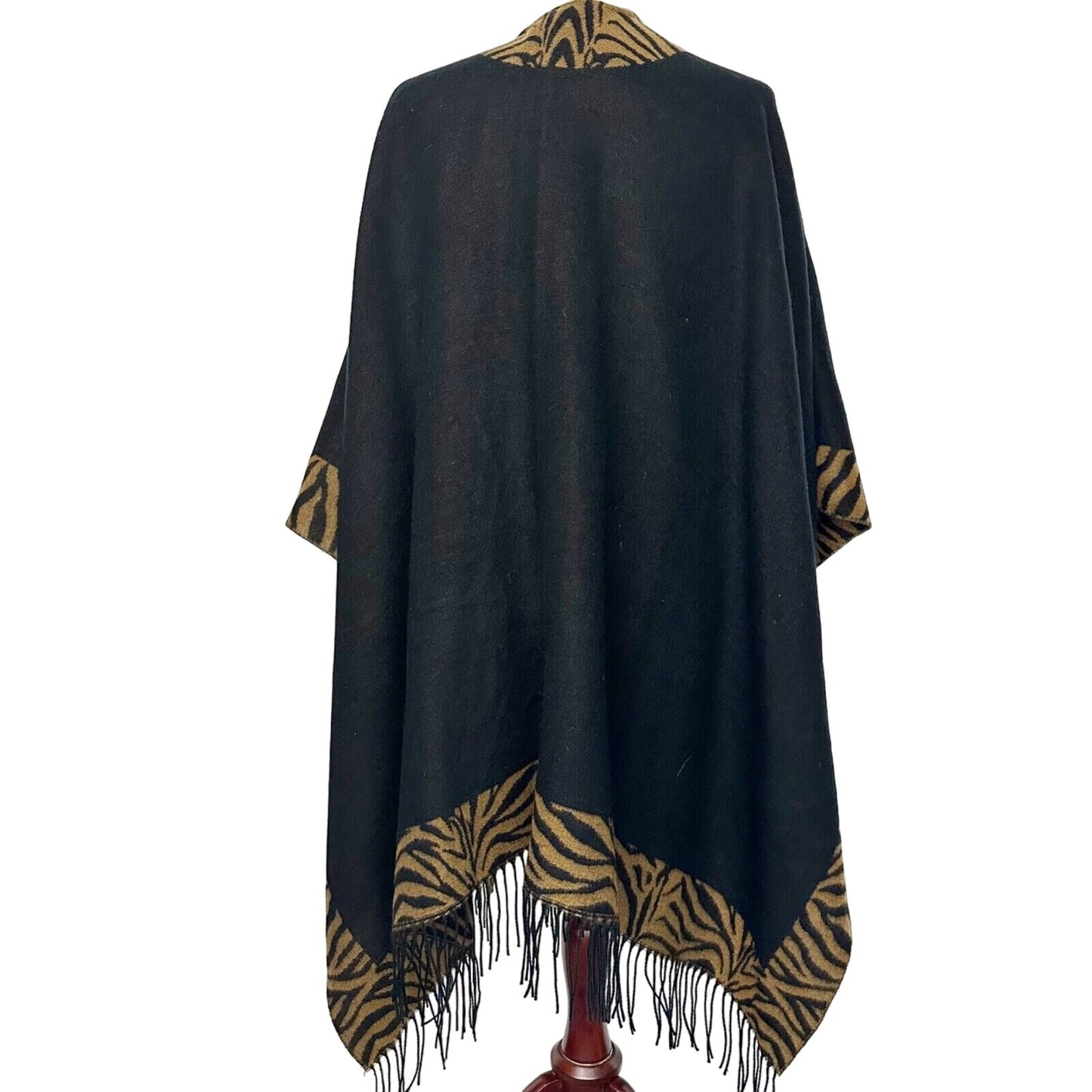 Accessory Street black & brown animal print fringe Ruana open front poncho OS