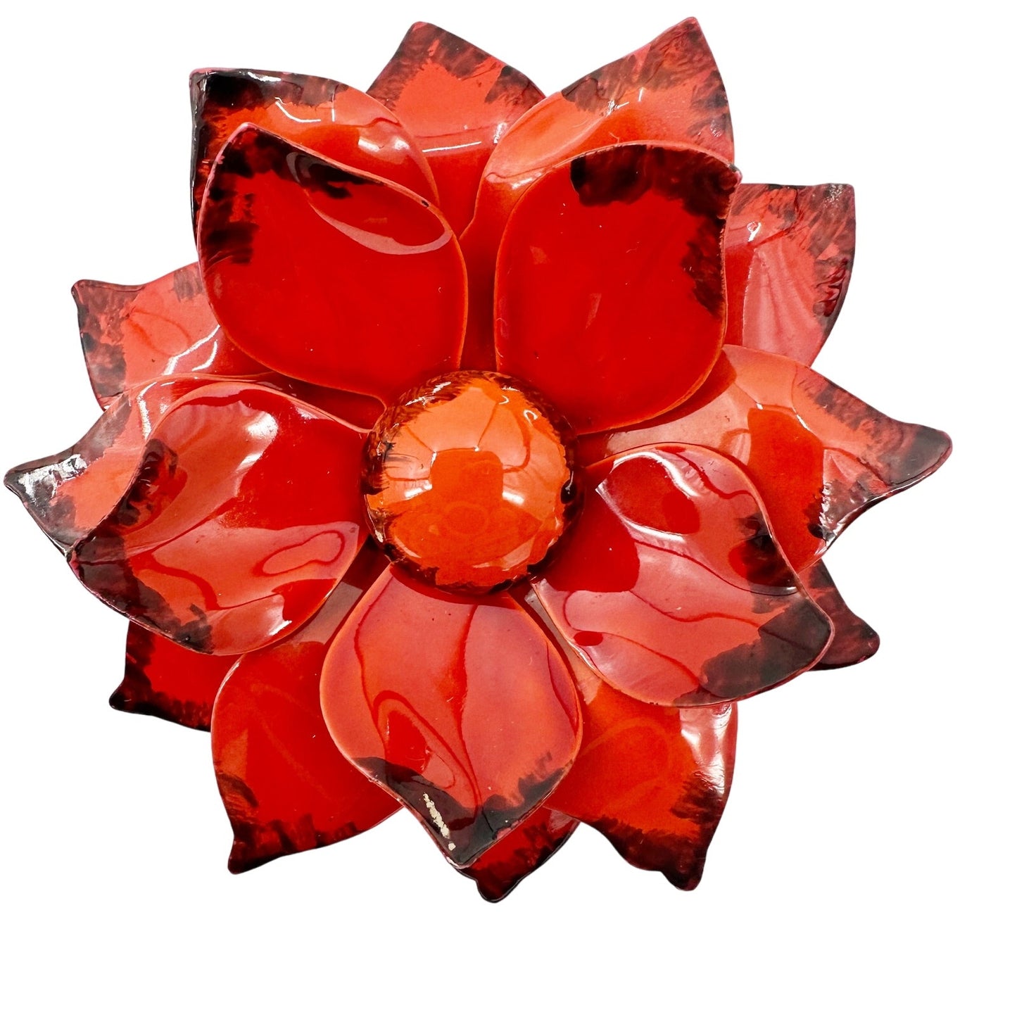 vintage enamel orange red metal flower BROOCH and clip EARRINGS set