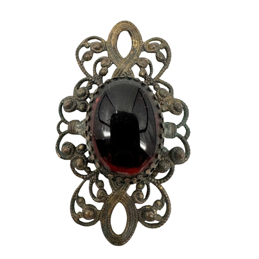 vintage dark metal faux red stone Filigree Brooch Pendant jewelry craft decor