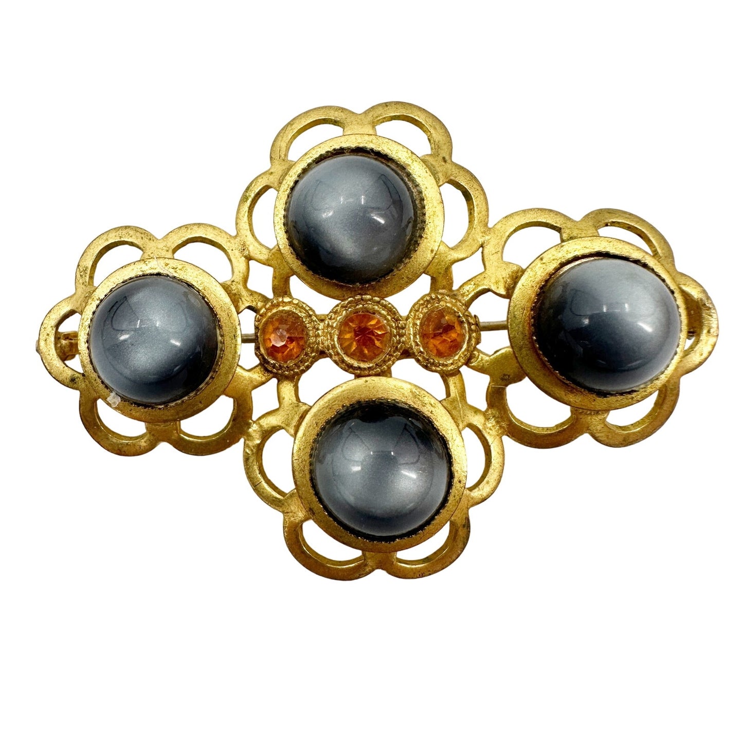 vintage gold metal BROOCH blue stones & topaz rhinestones jewelry pin