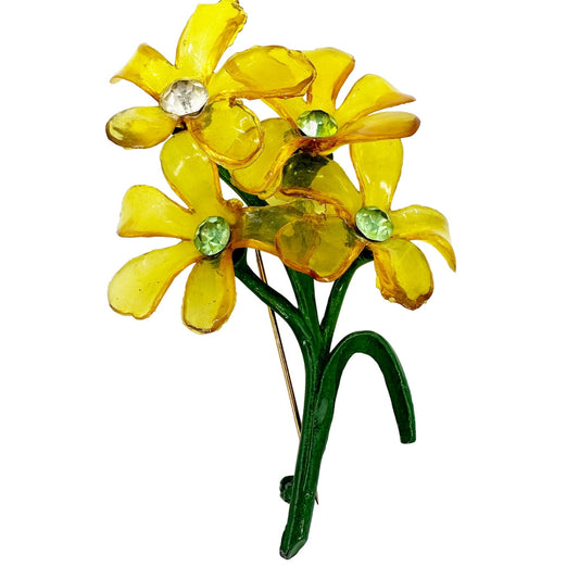 vintage translucent yellow bouquet of flowers BROOCH floral jewelry pin green