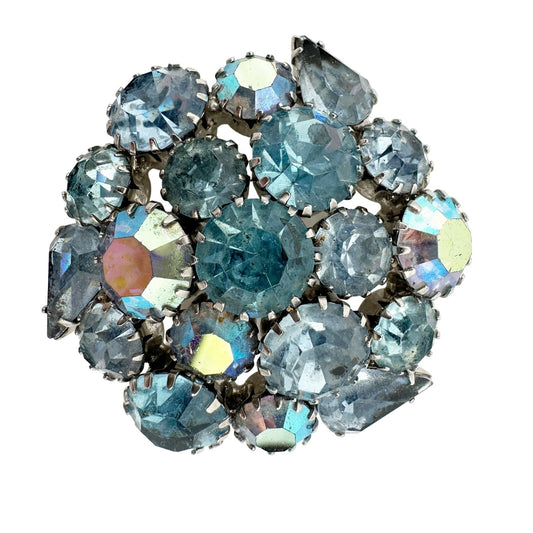 vintage pale blue rhinestones round BROOCH sparkling jewelry pin