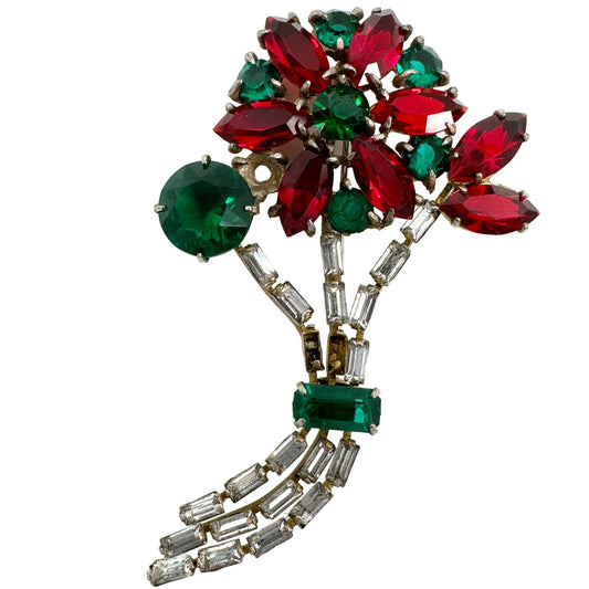 vintage red green rhinestones floral bouquet BROOCH Christmas colors jewelry pin