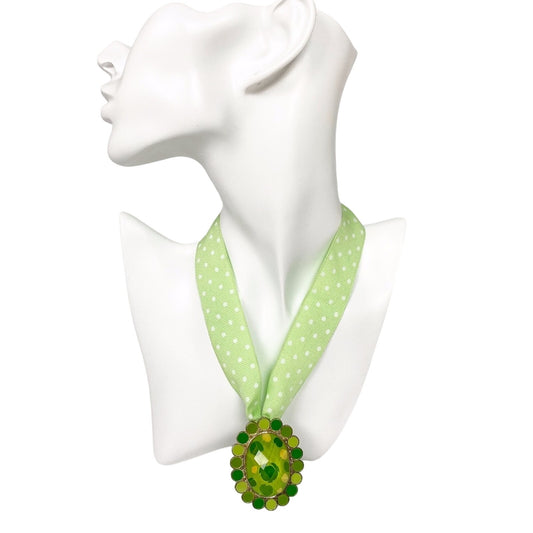 white polka dot & green 14" grosgrain ribbon pendant NECKLACE costume jewelry