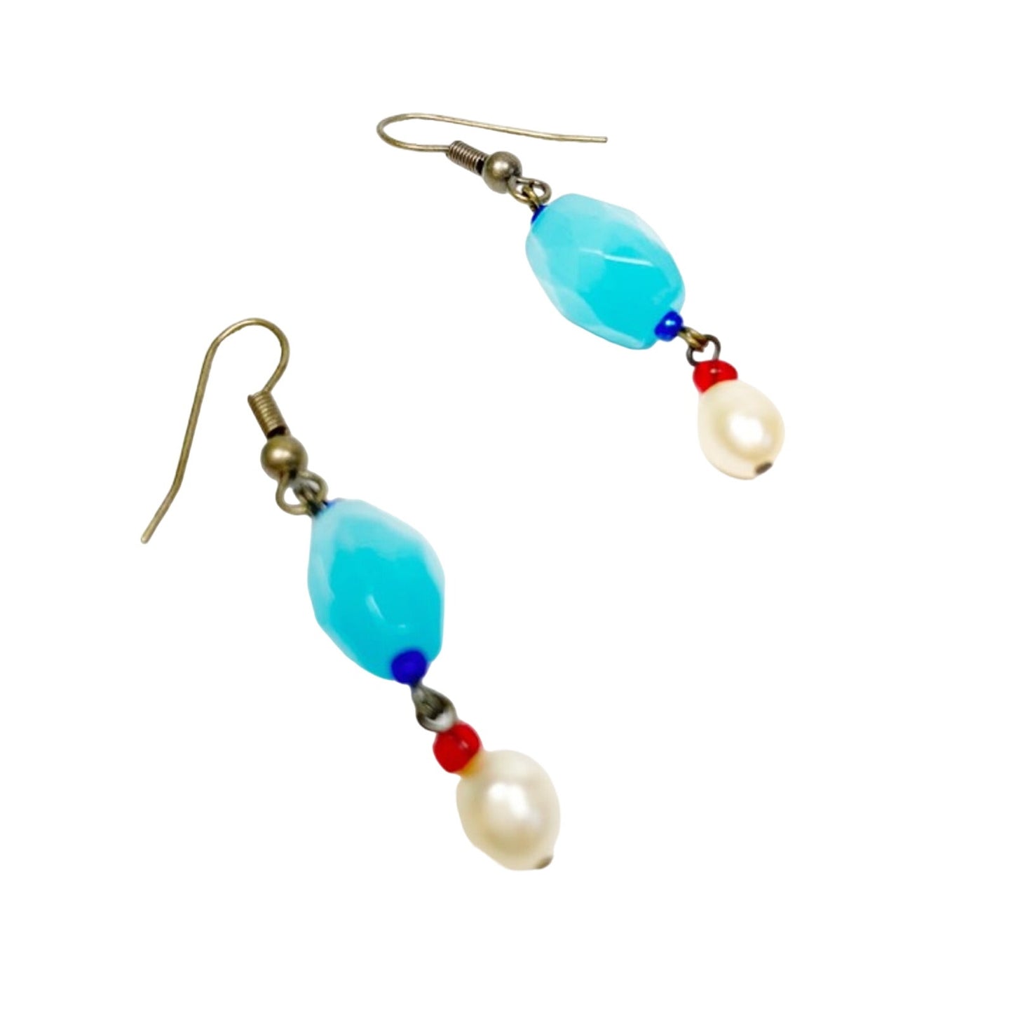 handmade red white blue aqua beaded EARRINGS jewelry NEW vintage beads