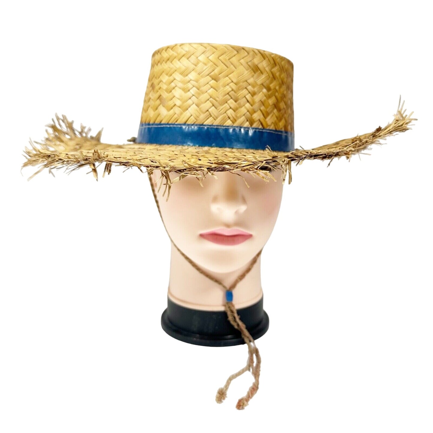 vintage woven Straw Hat vinyl blue hatband wide brim boater hat chin strap