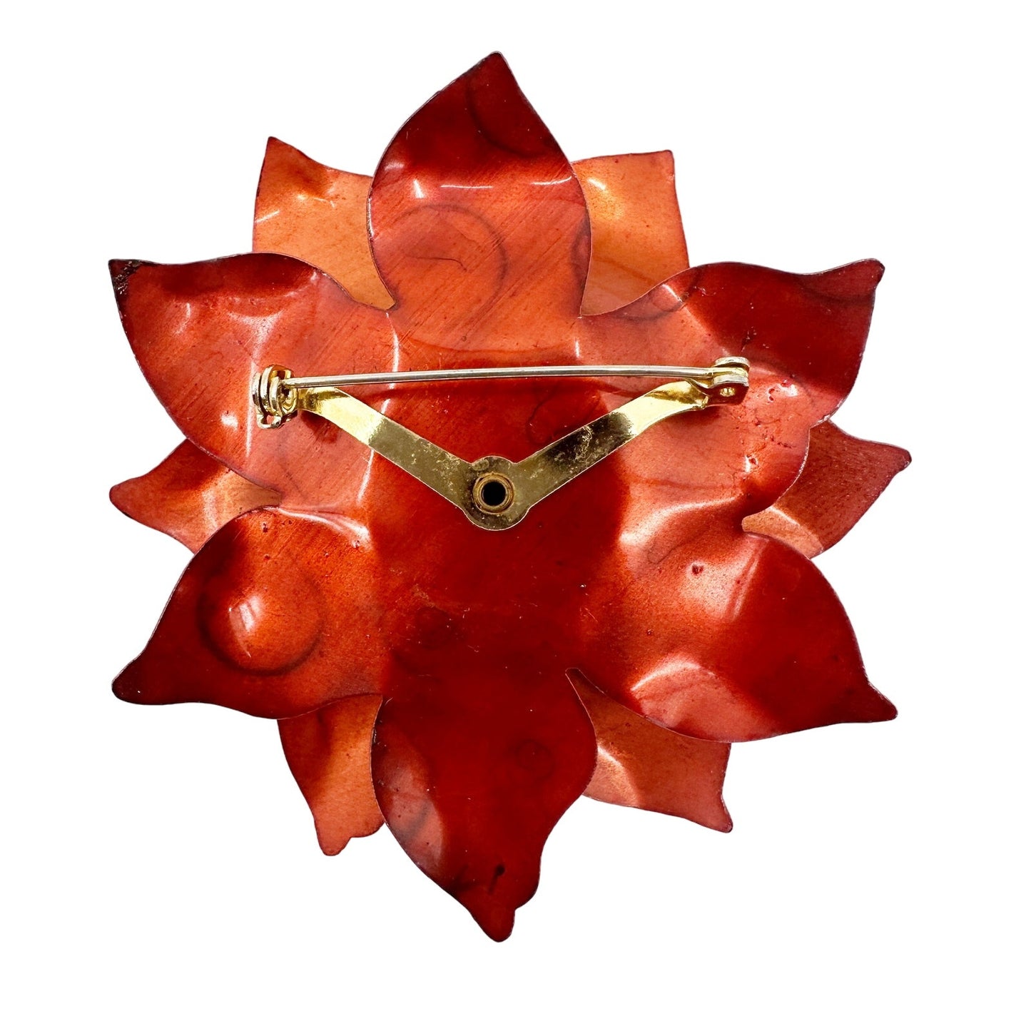 vintage enamel orange red metal flower BROOCH and clip EARRINGS set