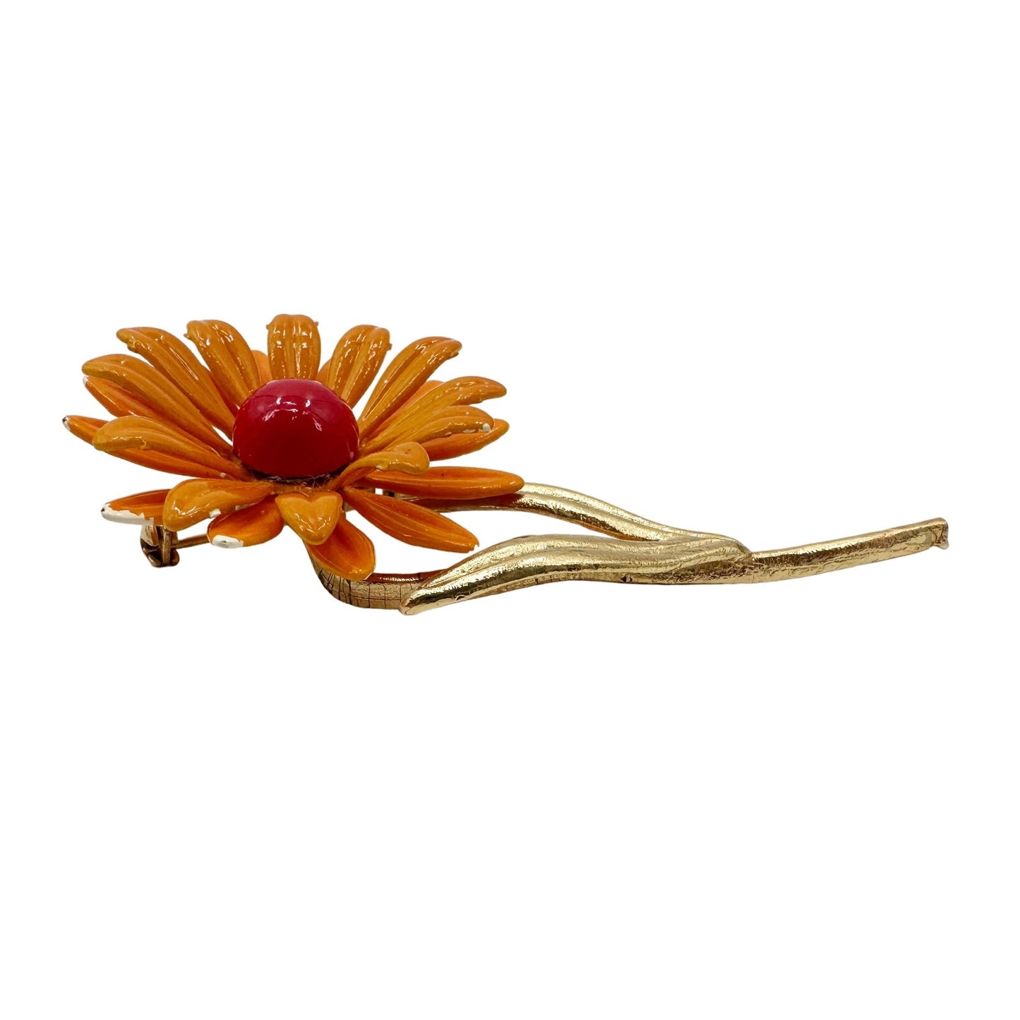 vintage orange red & gold daisy flower BROOCH floral jewelry pin