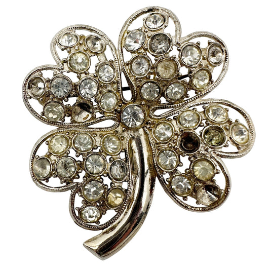 vintage silver & clear rhinestones four leaf clover BROOCH jewelry pin