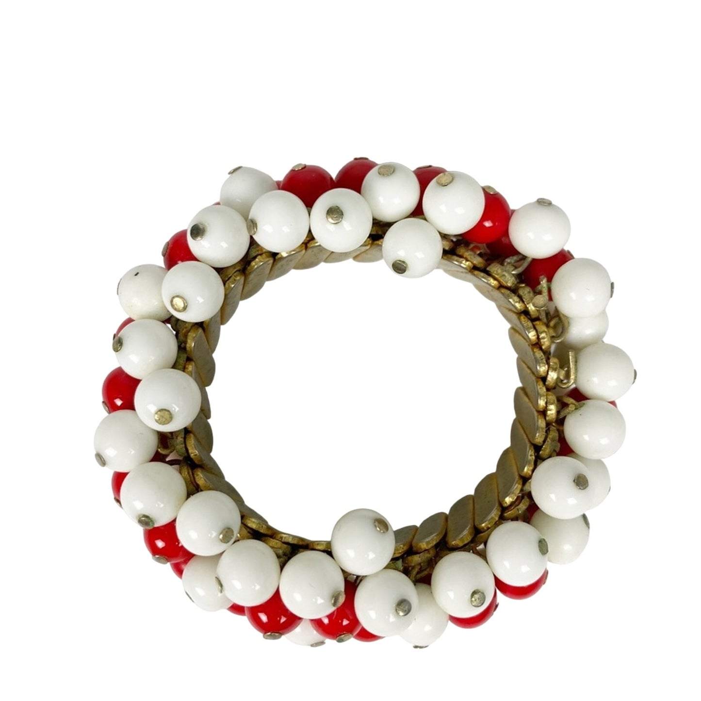 beaded red & white stretch BRACELET vintage costume jewelry Made in Japan