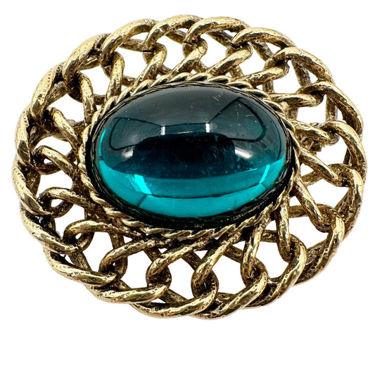 vintage oval gold BROOCH faux blue gemstone center jewelry pin