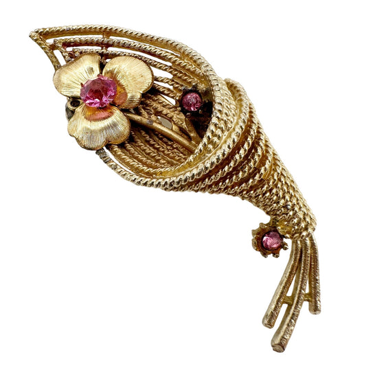 vintage CORO gold flower wrapped bouquet BROOCH pink rhinestones jewelry pin