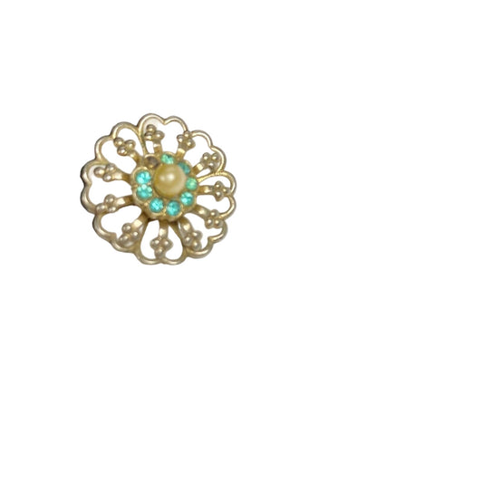 white & turquoise rhinestones pearl BROOCH costume vintage jewelry pin