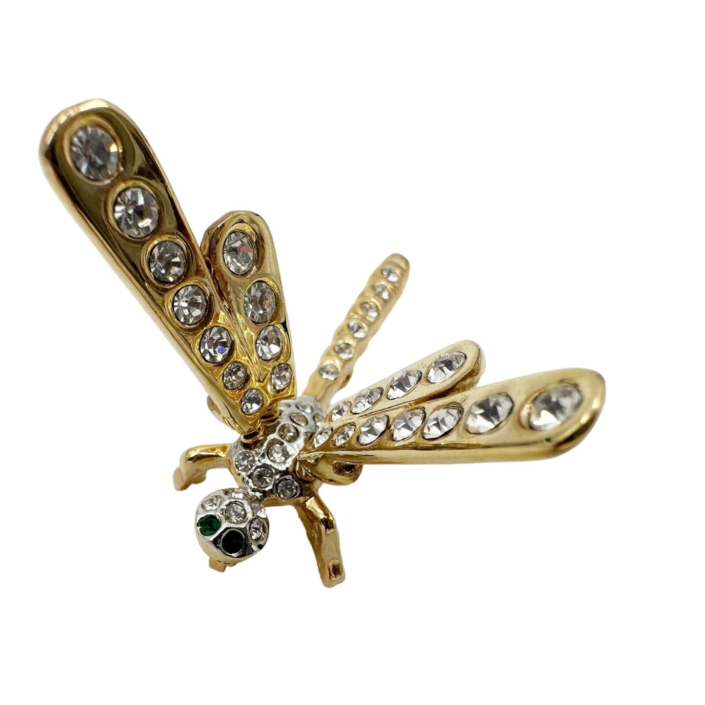 vintage gold & rhinestones dragonfly BROOCH jewelry pin wings move on springs