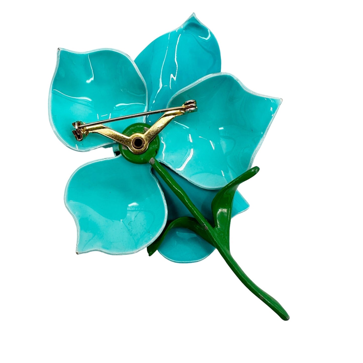 vintage enamel large turquoise metal flower BROOCH floral jewelry pin