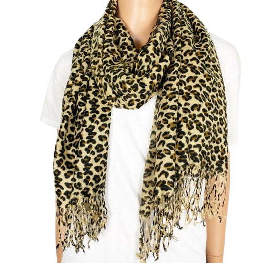 100% Pashmina brown leopard fringed Scarf neck & shoulder wrap long 75" length