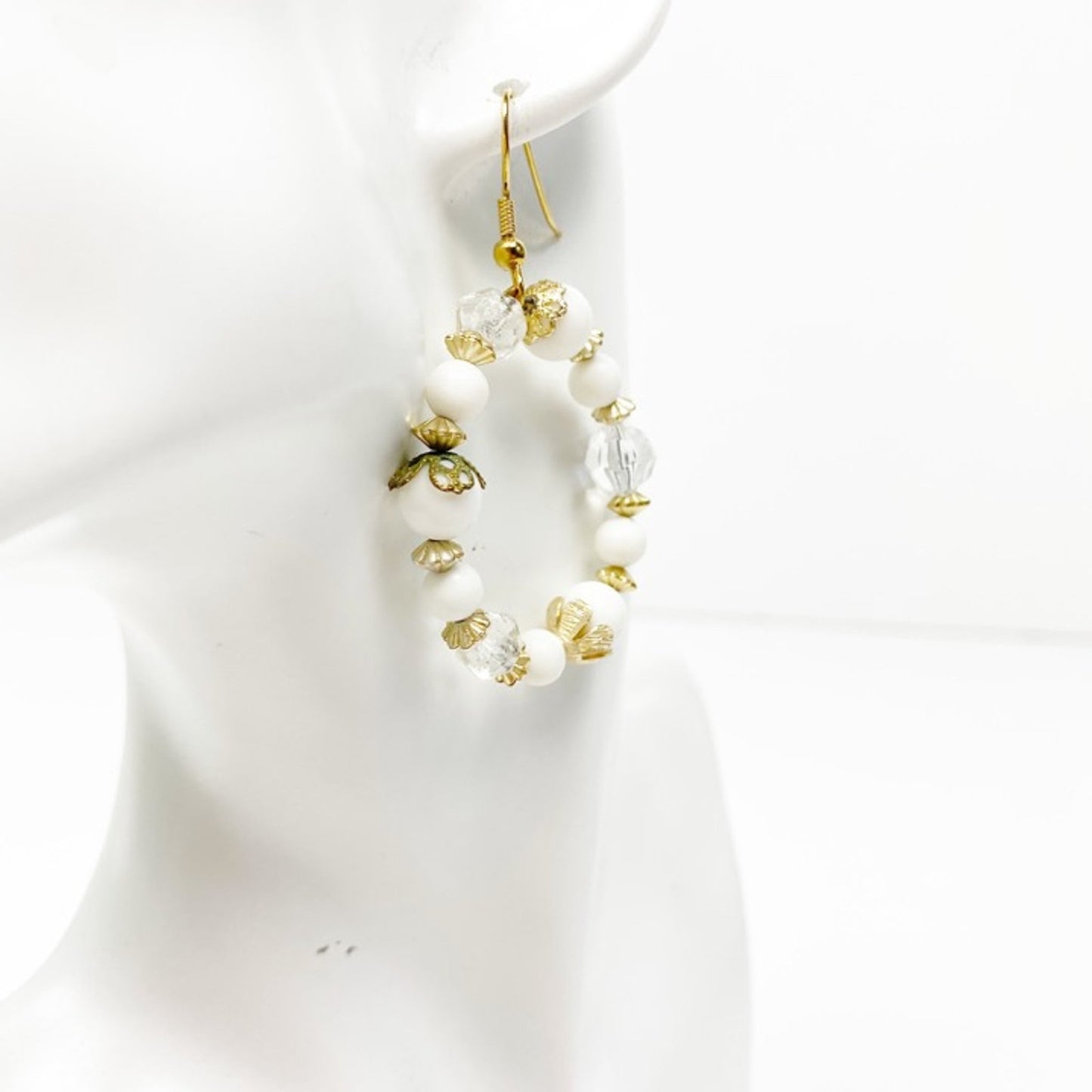 handmade crystals white & gold loop beaded EARRINGS jewelry NEW vintage beads