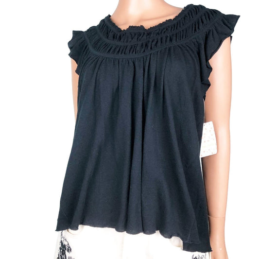 We The Free People black Top size XS extra small blouse ruffled cap sleeves