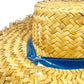 vintage woven Straw Hat vinyl blue hatband wide brim boater hat chin strap