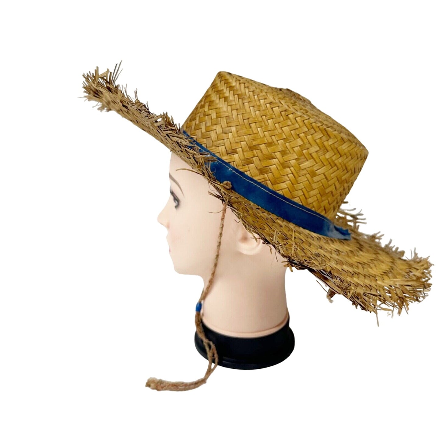 vintage woven Straw Hat vinyl blue hatband wide brim boater hat chin strap