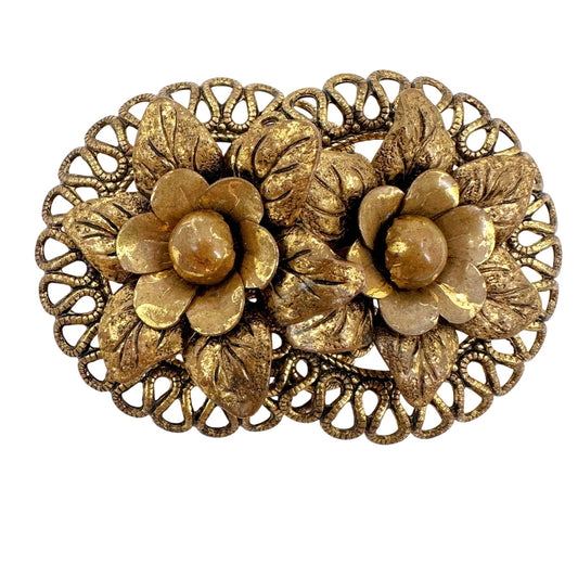 vintage double flowers bronze metal BROOCH floral jewelry pin