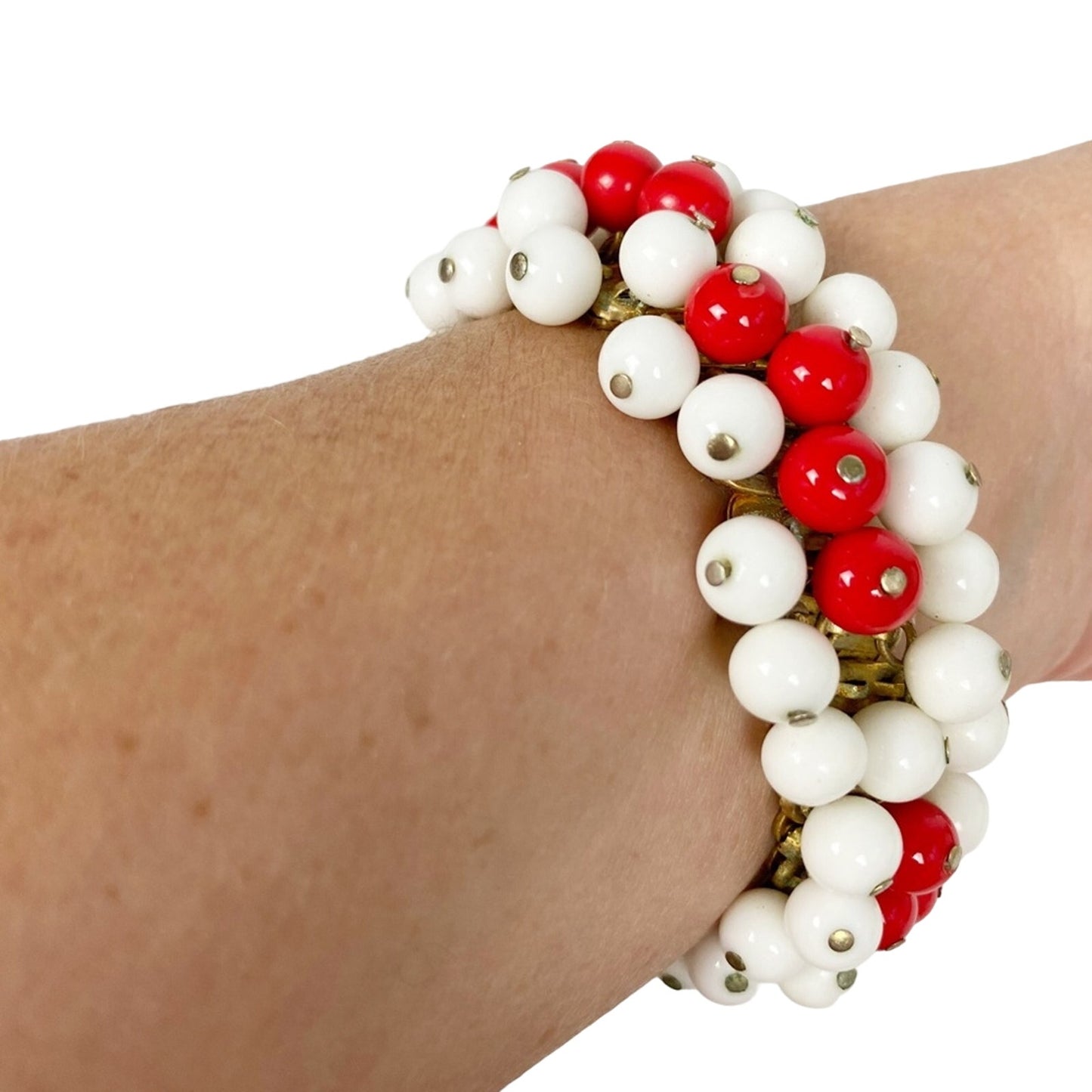 beaded red & white stretch BRACELET vintage costume jewelry Made in Japan