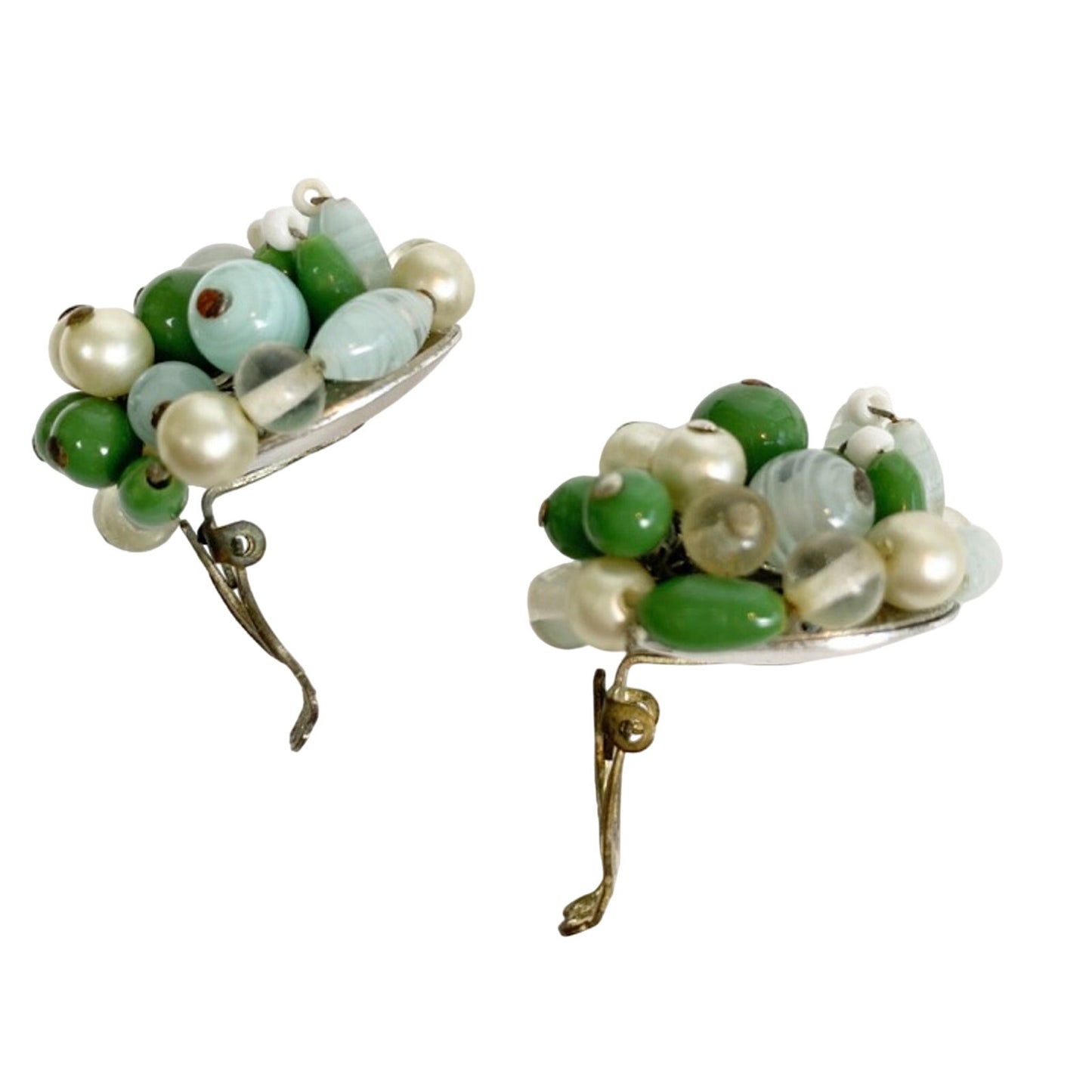 vintage blue green white bead clip-on EARRINGS costume jewelry Made in Japan