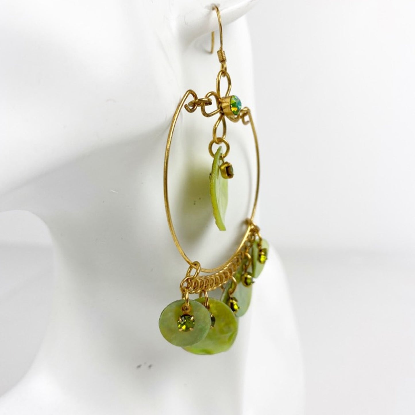 vintage BOHO gold green shimmer shells rhinestones hook dangle EARRINGS jewelry