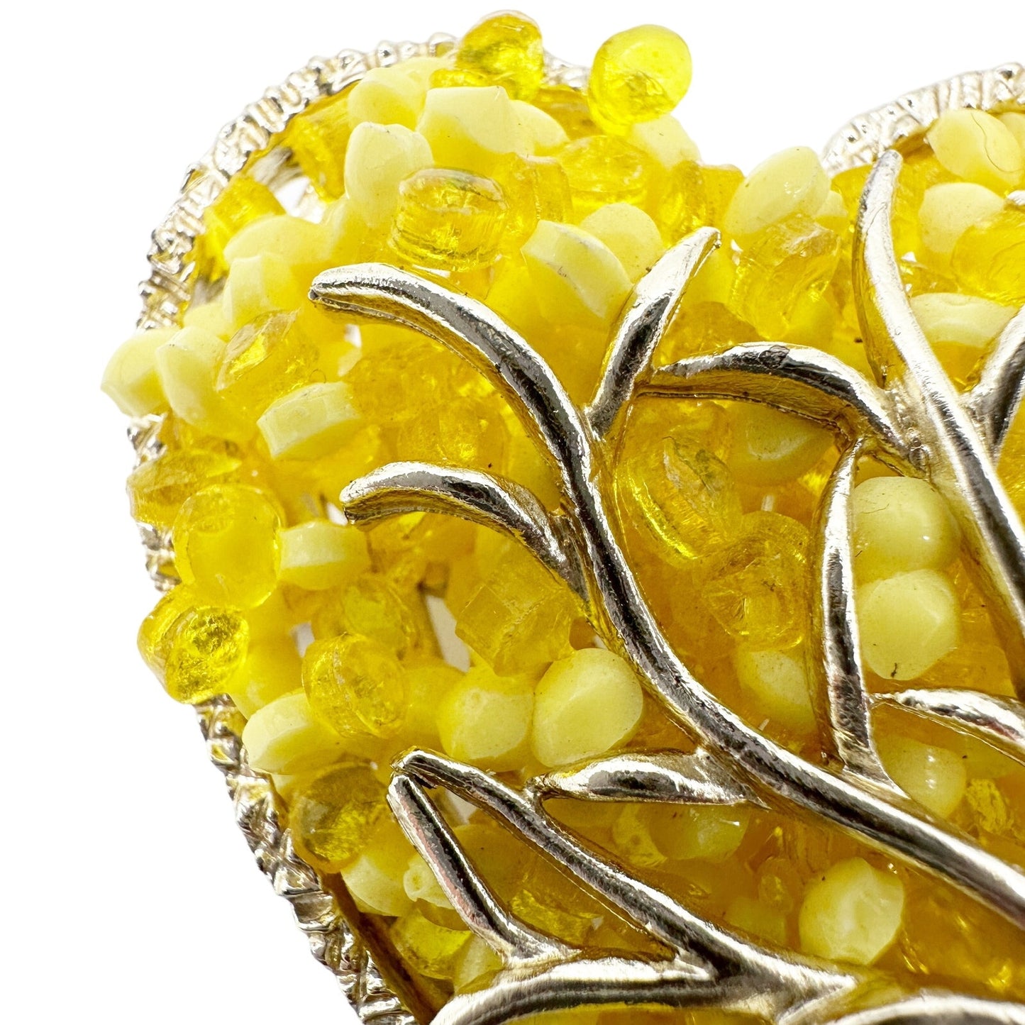 vintage yellow & light gold heart-shaped BROOCH beaded jewelry pin