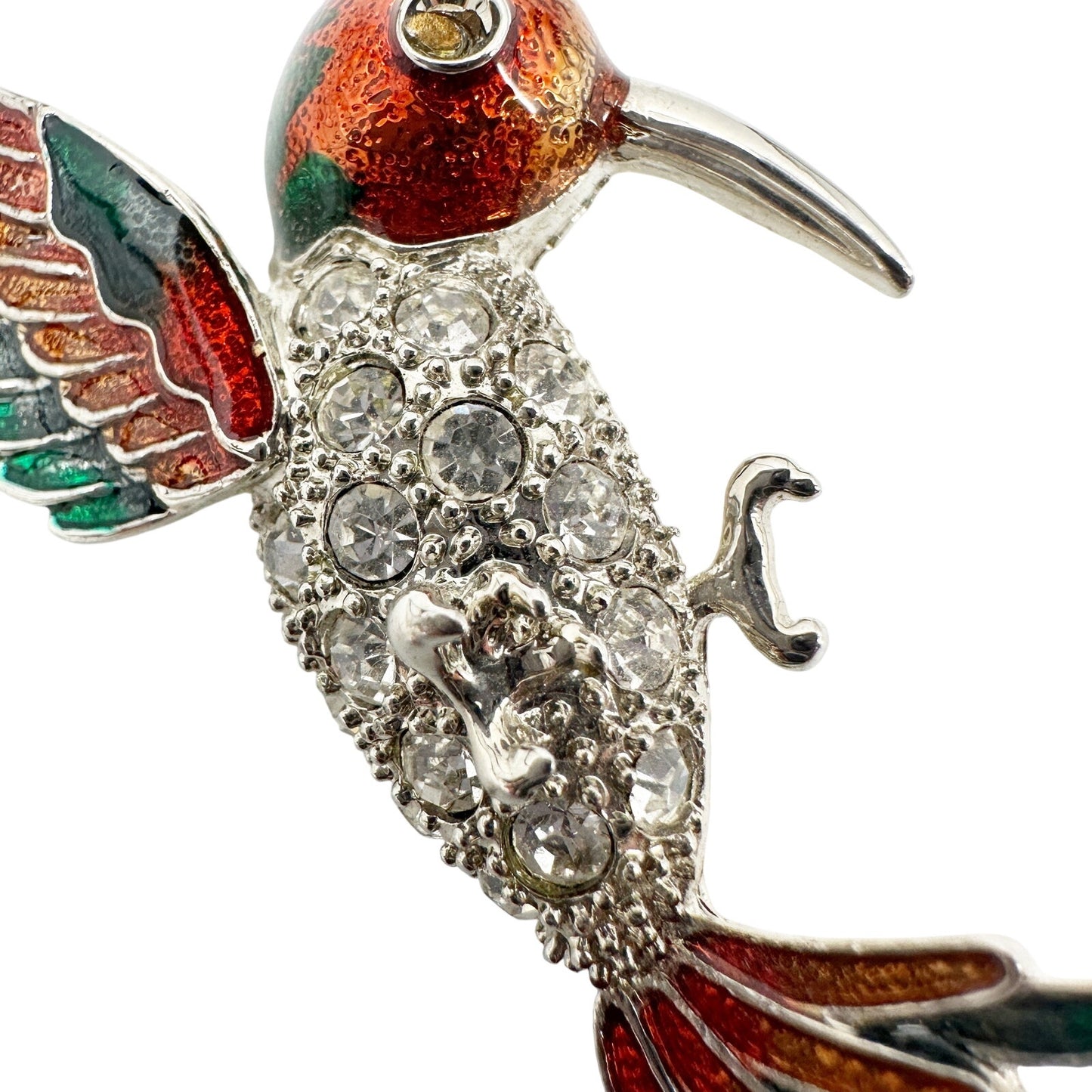 vintage red green orange Hummingbird BROOCH flying bird rhinestones jewelry pin