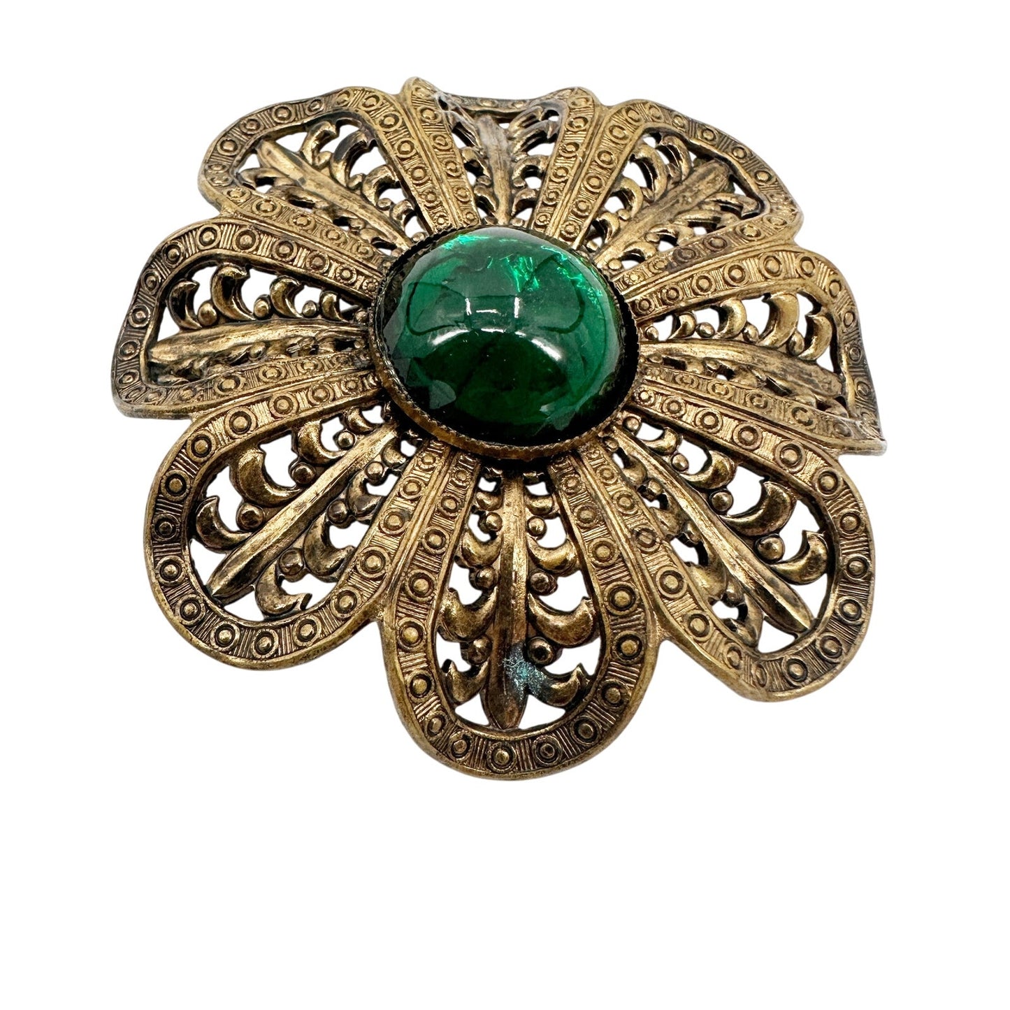 vintage bronze metal flower BROOCH green stone center floral jewelry pin