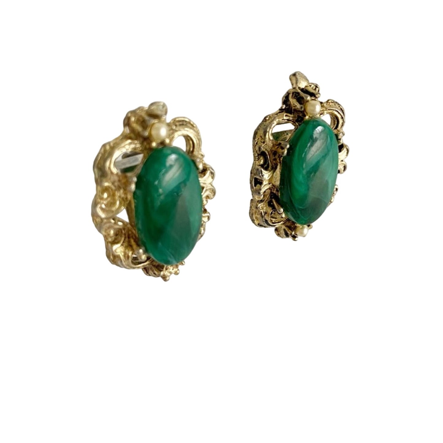 vintage ornate gold Malachite & faux pearl clip-on EARRINGS costume jewelry