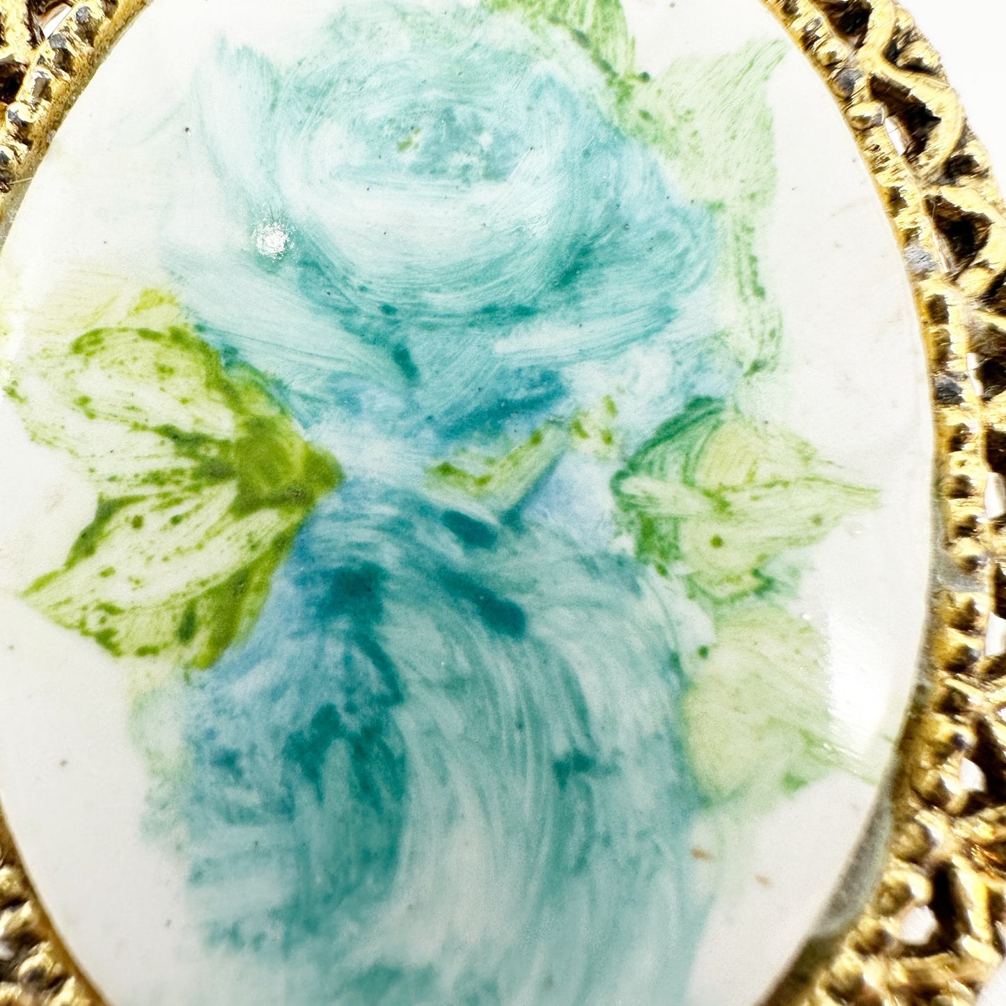 vintage blue roses BROOCH signed floral jewelry pin & pendant white green gold