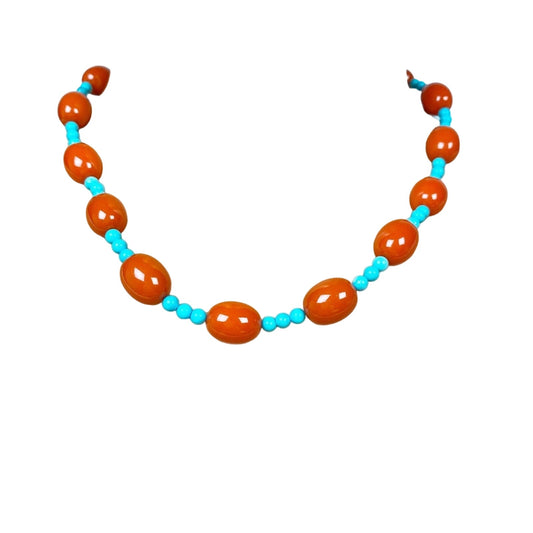 vintage turquoise blue & orange beaded 17" strand NECKLACE costume jewelry