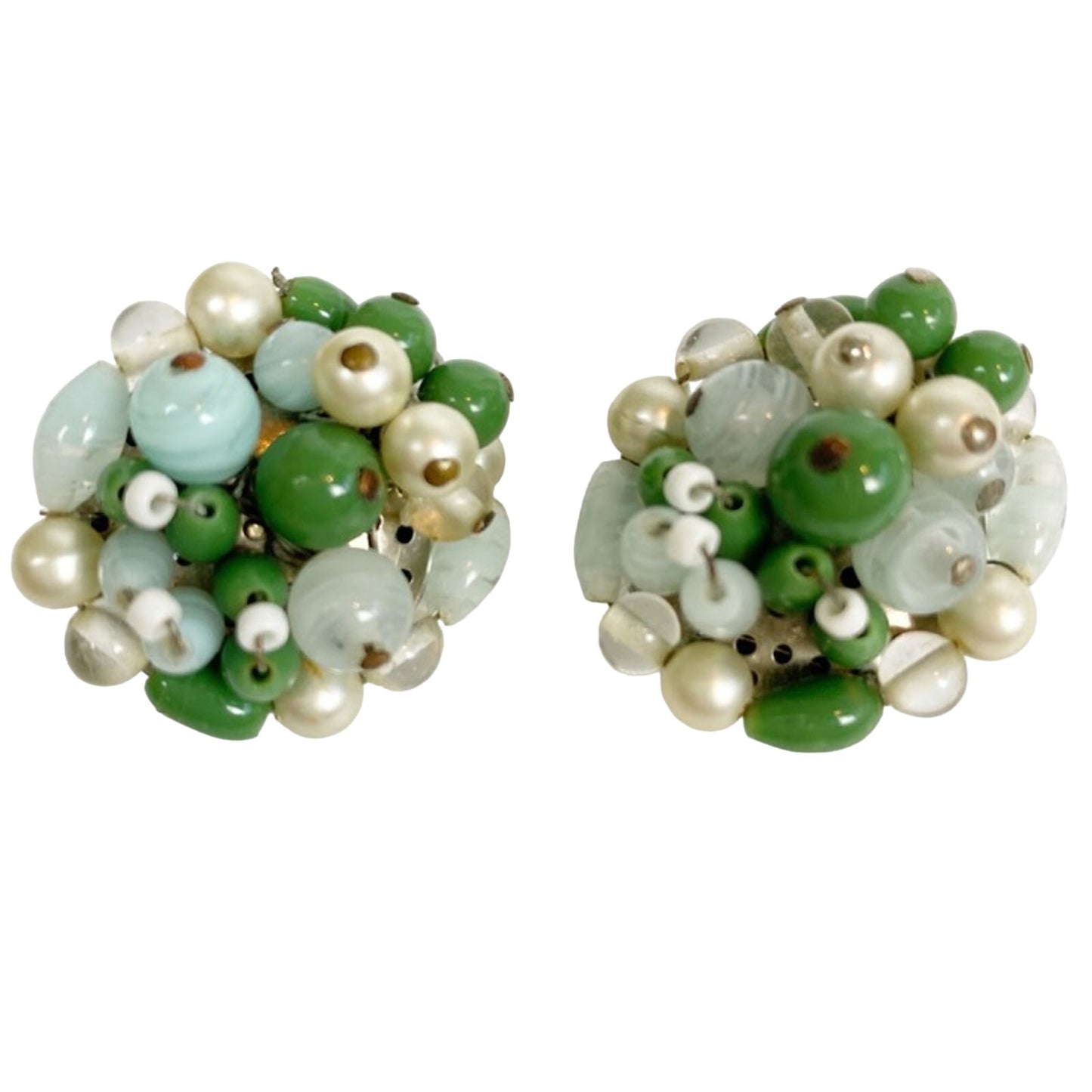 vintage blue green white bead clip-on EARRINGS costume jewelry Made in Japan