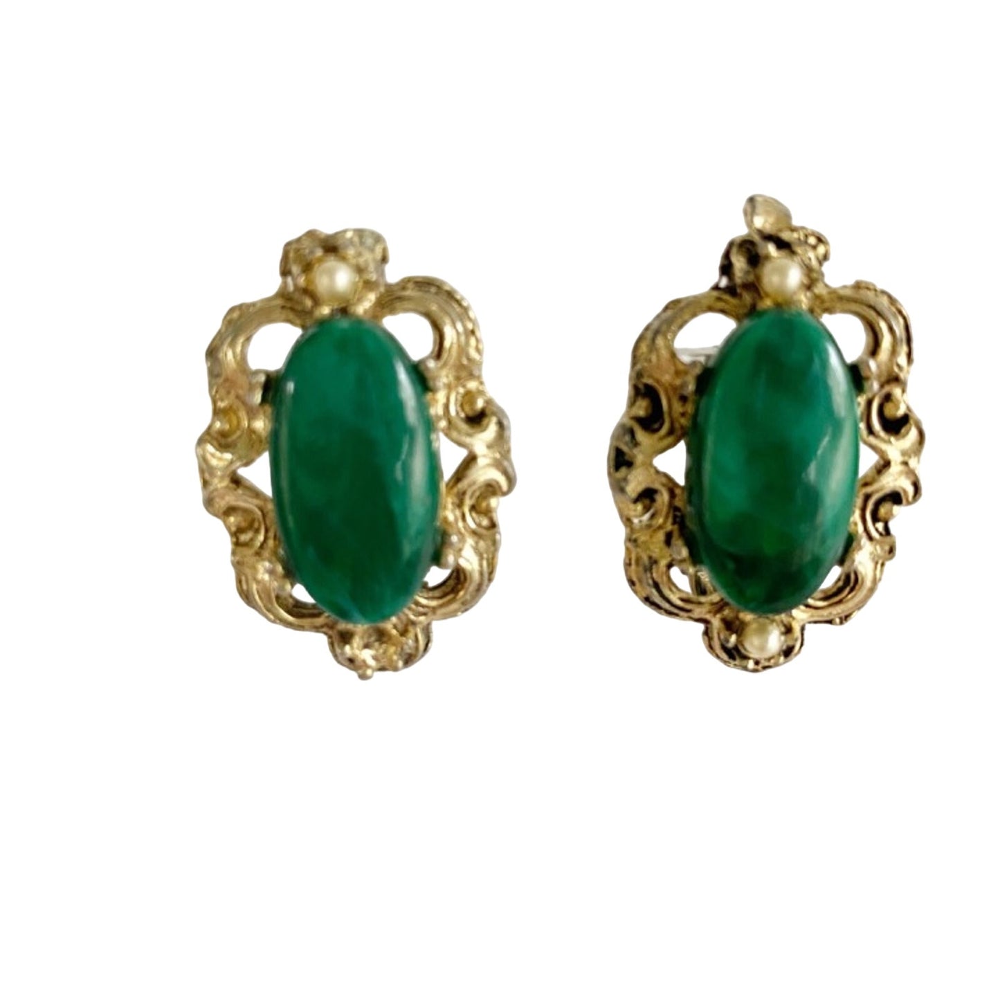 vintage ornate gold Malachite & faux pearl clip-on EARRINGS costume jewelry