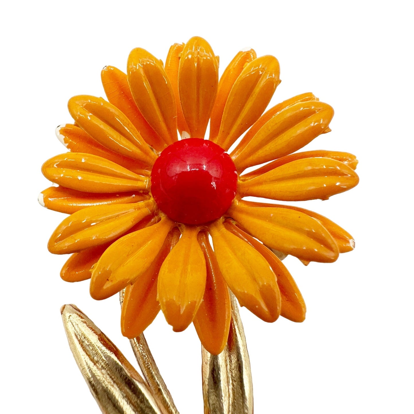 vintage orange red & gold daisy flower BROOCH floral jewelry pin