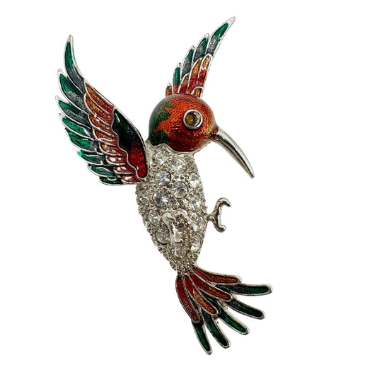 vintage red green orange Hummingbird BROOCH flying bird rhinestones jewelry pin