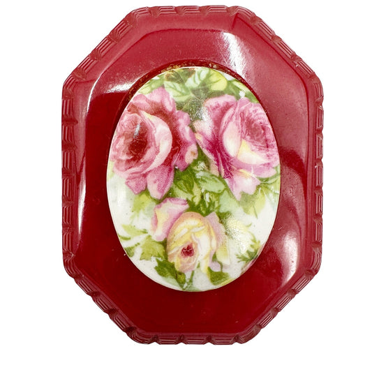 vintage red celluloid flower ceramic center octagon BROOCH floral jewelry pin