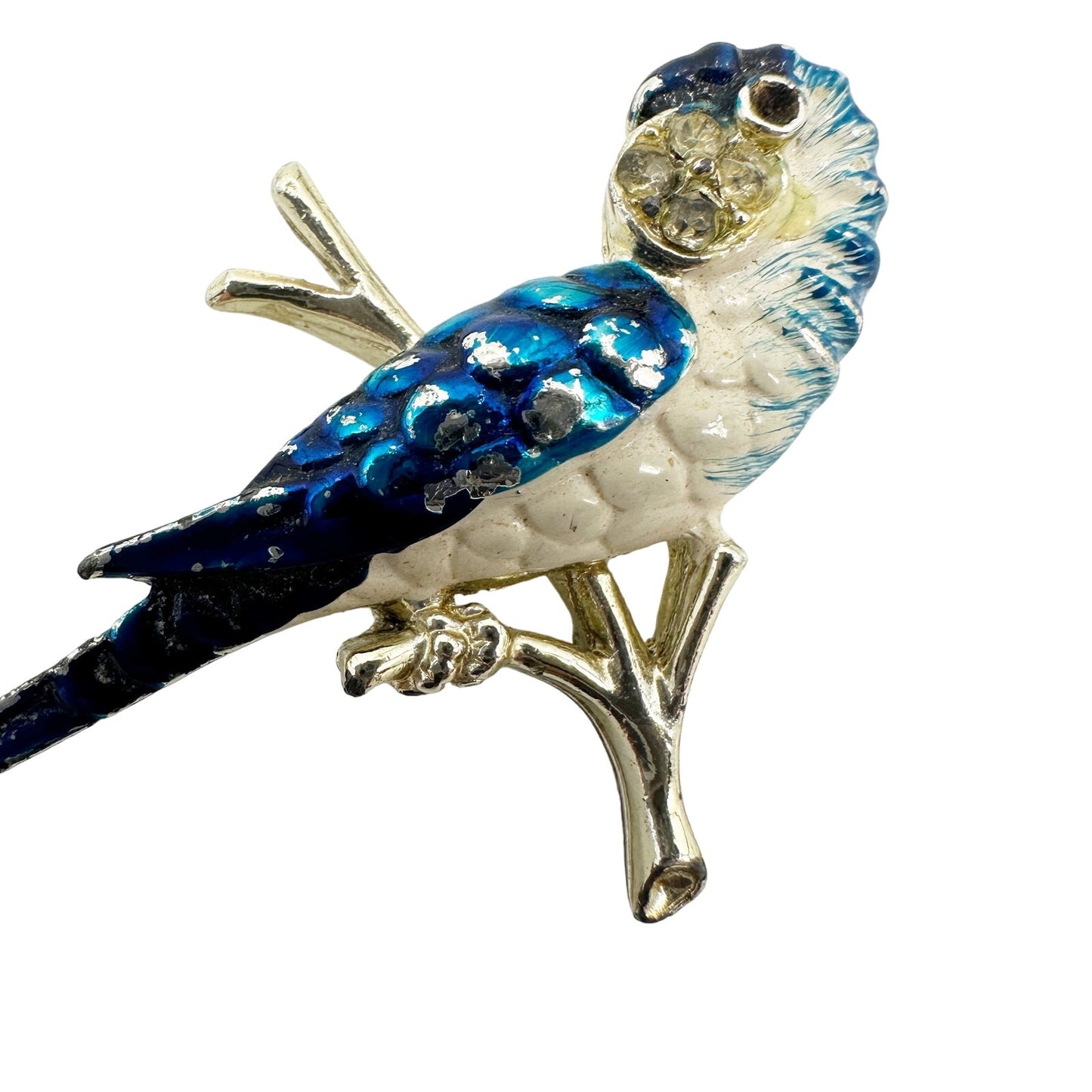 vintage blue & white parrot BROOCH rhinestones bird jewelry pin