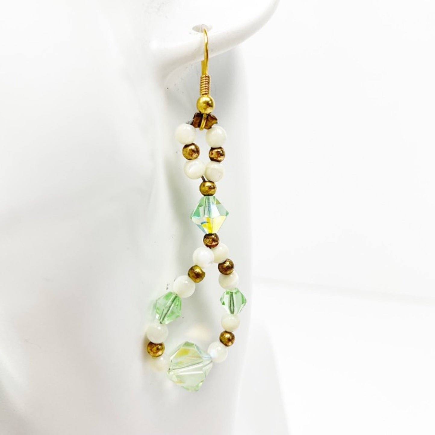 handmade green white crystal gold beaded loop EARRINGS jewelry NEW vintage beads