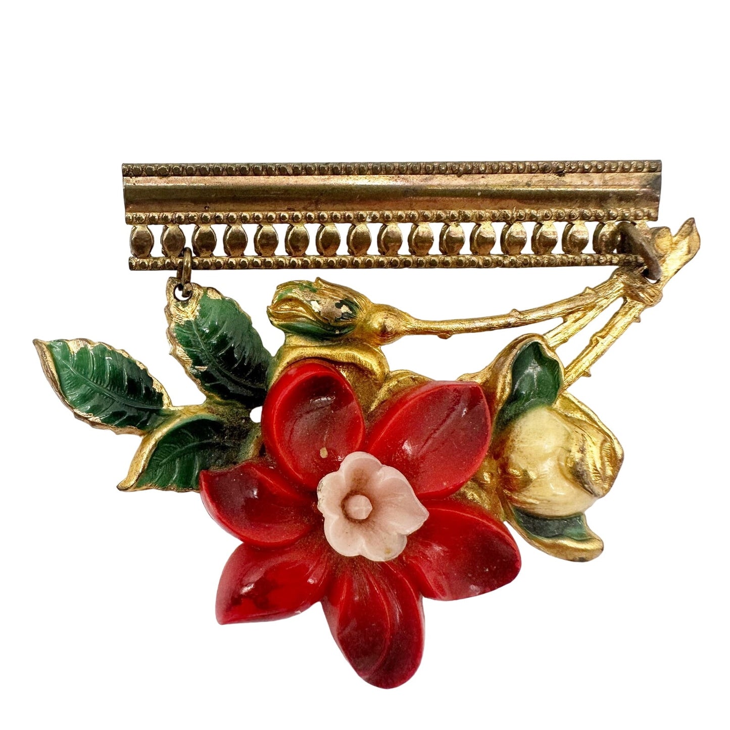 vintage hanging red flower & gold tone metal BROOCH floral jewelry pin