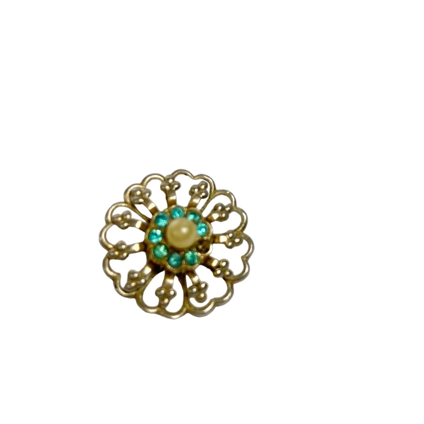 white & turquoise rhinestones pearl BROOCH costume vintage jewelry pin