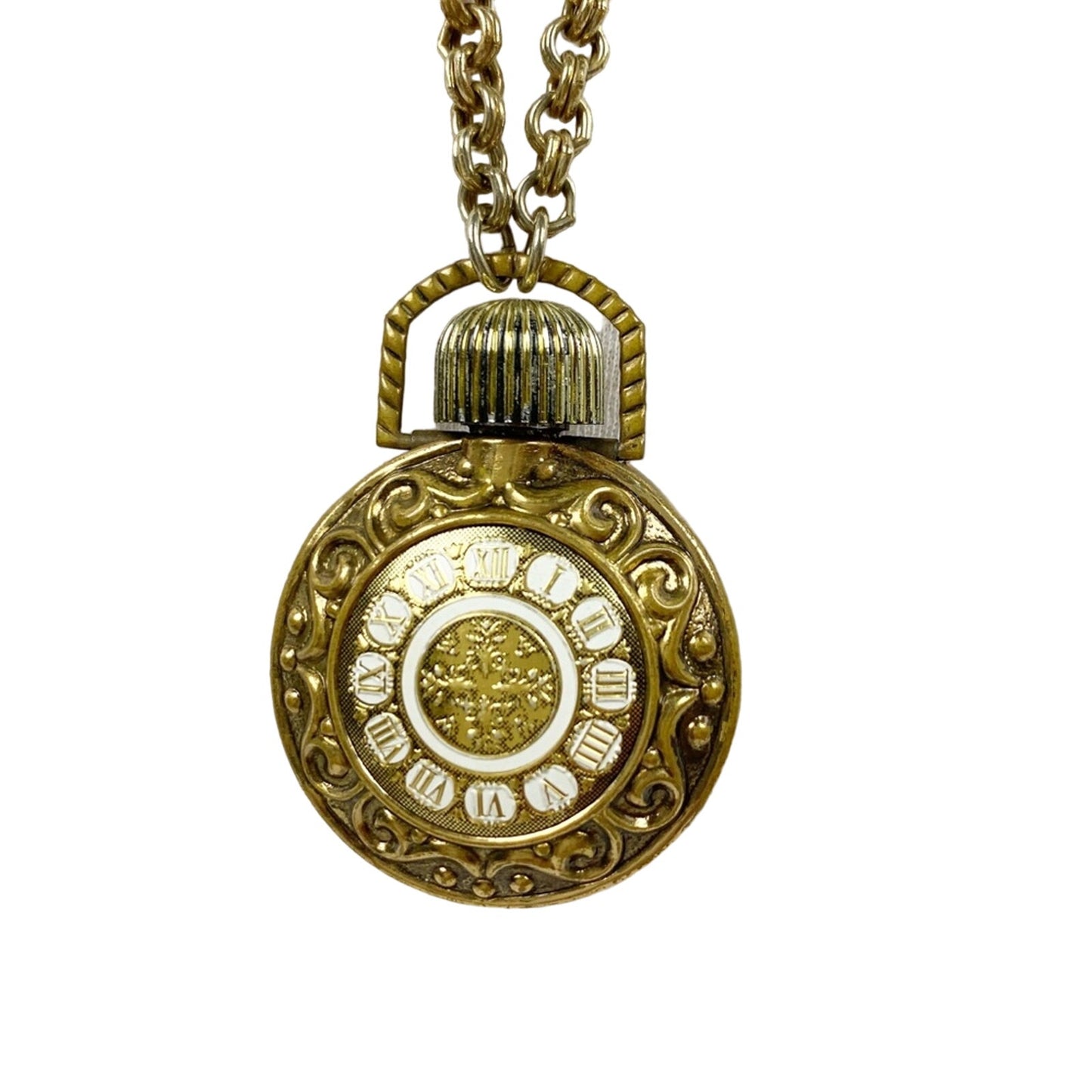 1971 clock medallion AVON pendant perfume bottle NECKLACE vintage jewelry