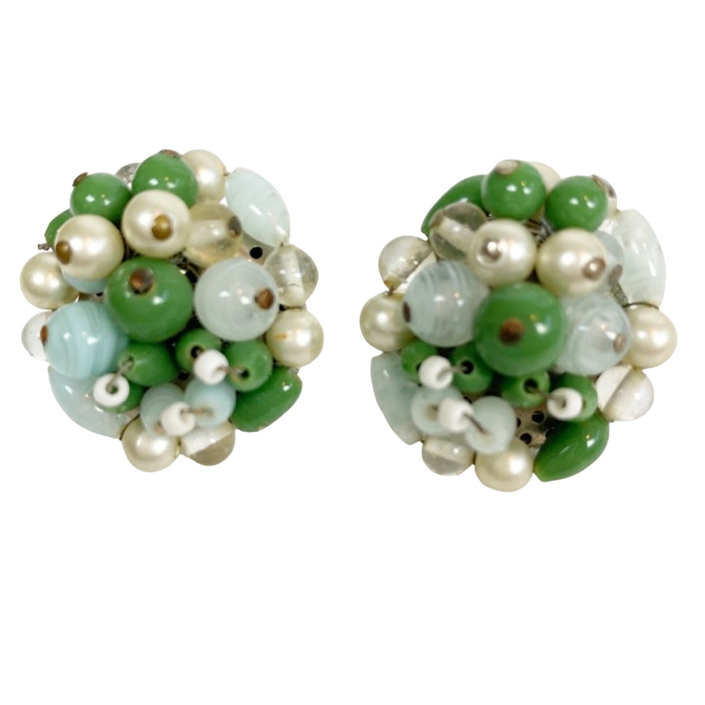 vintage blue green white bead clip-on EARRINGS costume jewelry Made in Japan