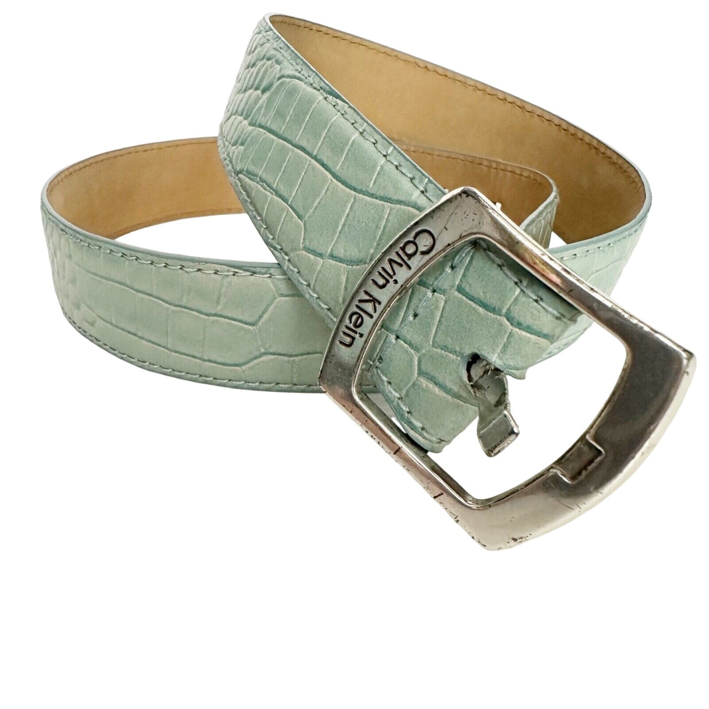 Calvin Klein pale turquoise blue BELT genuine leather ladies SMALL silver buckle