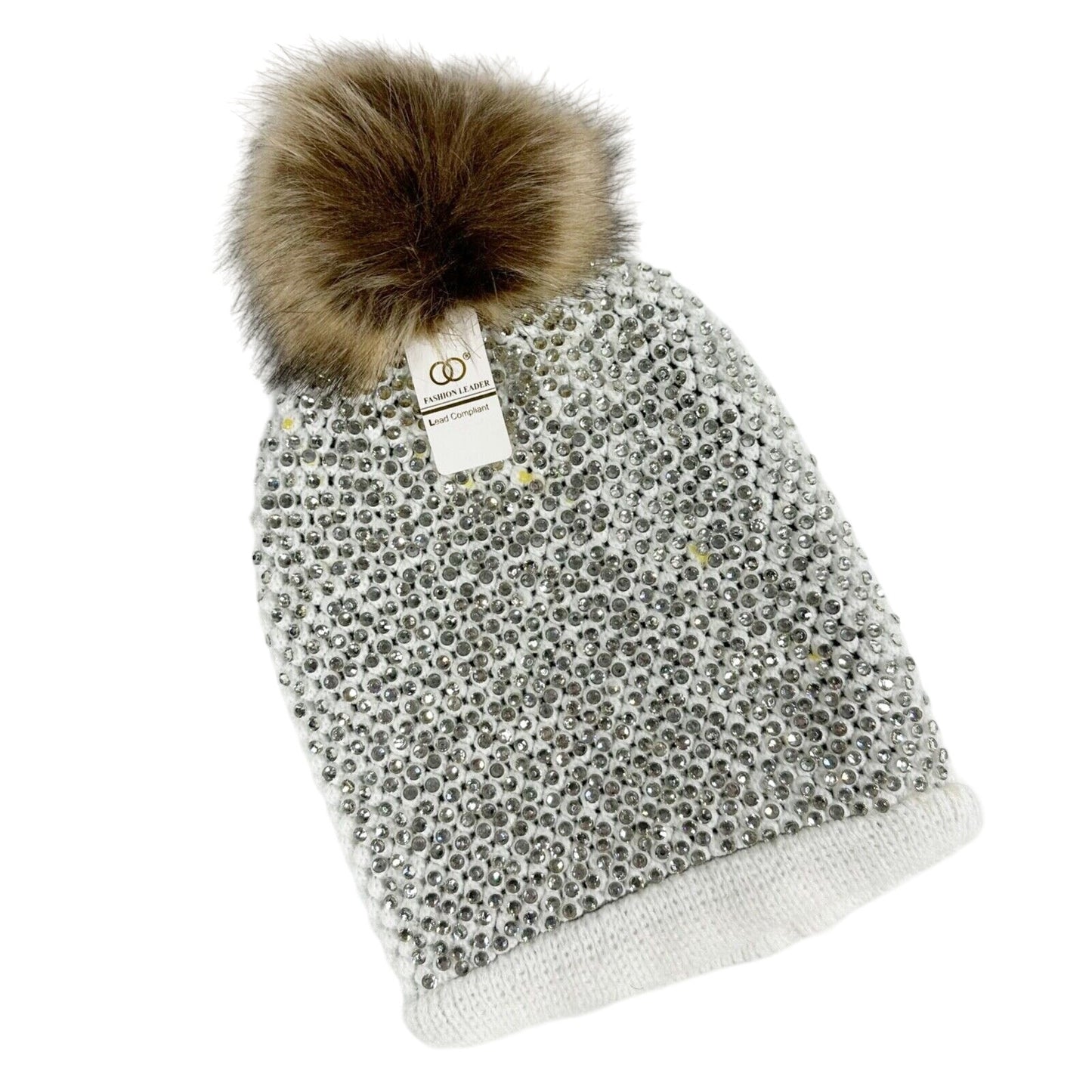 women's rhinestone bling covered white BEANIE hat brown faux fur pom pom new