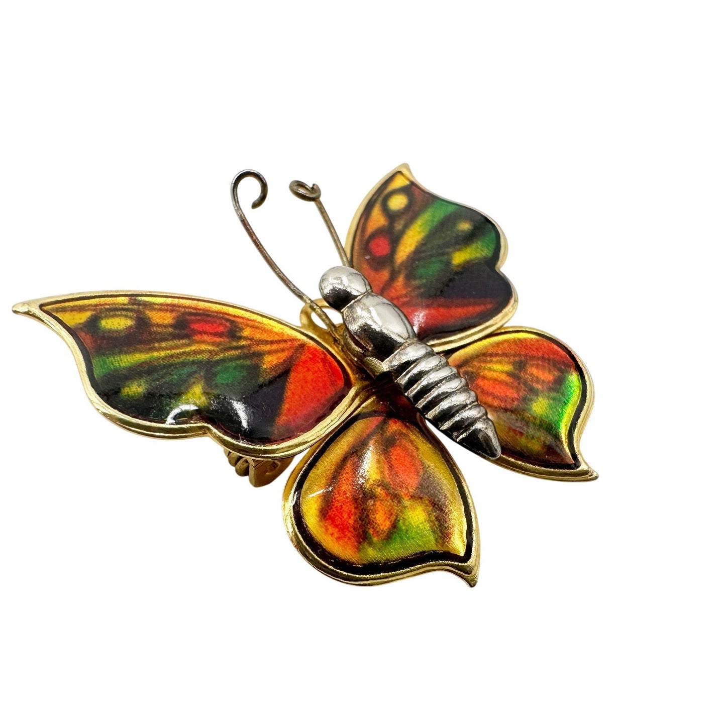 vintage gold tone metal acrylic orange yellow green butterfly BROOCH jewelry pin