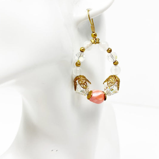 handmade coral gold crystal loop beaded EARRINGS jewelry NEW vintage beads