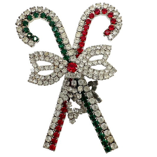 vintage green & red rhinestone Candy Canes BROOCH Christmas holidays jewelry pin